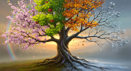 Obraz premium Arbor day a tree with four seasons, spring, summer, autumn, and winter, with a rainbow in the background and a sunset