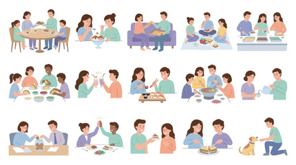 Fototapeta premium Flat Vector Illustrations of Diverse Families Enjoying Meals Together