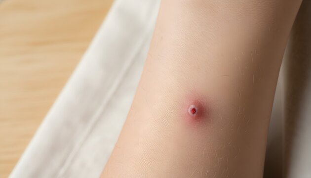 Close-up of a red mosquito bite on an elbow showing skin inflammation and irritation for medical healthcare diagnosis concept, depicting allergic reaction to insect sting