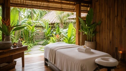 Fototapeta premium Peaceful bamboo massage room with treatment bed in tropical garden spa
