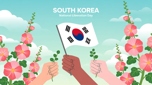 Vibrant digital artwork celebrating South Korea&rsquo;s Liberation Day with hands waving national flags amidst blooming hollyhocks under a serene sky