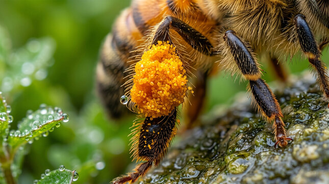 An extreme macro photograph focusing on the "pollen baskets" (corbiculae) on the bee's hind legs. The baskets are overflowing with a bright, compressed ball of orange and yellow pollen.