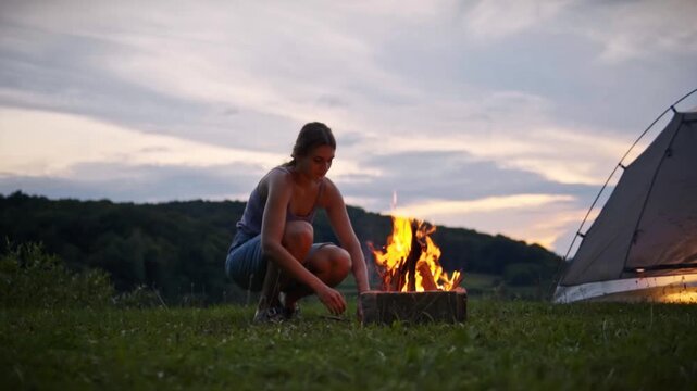 Woman crouching on grass adding sticks to burning campfire near calm lake at sunset, maintaining flame and capturing peaceful outdoor camping atmosphere in Savci Slovenia