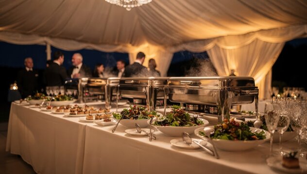 Refined upscale event buffet under a stylish tent highlighting gourmet portable warming trays and mixed greens narrow focus intensifying exclusivity and elegance.