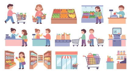 Fototapeta premium Flat Vector Icons: People Shopping in Grocery Store, Food, Commerce