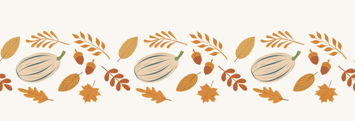 Seamless autumn border with large striped pumpkins, acorns, and falling leaves on a light background. Vector fall harvest decorative element for seasonal design. © IrinaBrusentseva