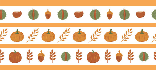 Autumn border set with pumpkins, chestnuts, acorns and leaves. Warm harvest themed horizontal frames perfect for seasonal packaging, invitations and fall design. © IrinaBrusentseva