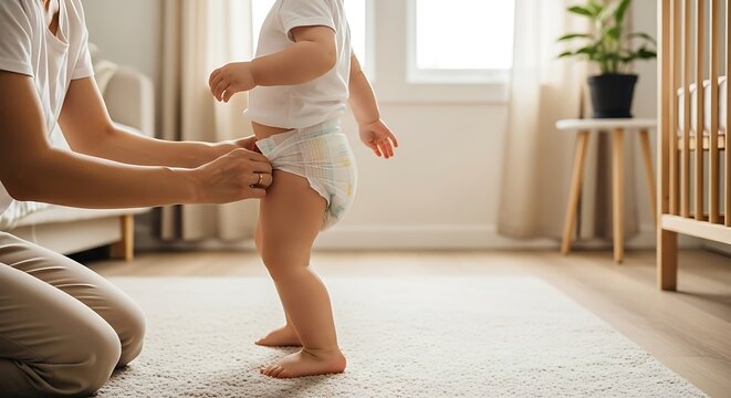 A parent helps a small child put on a diaper in a bright, warm nursery room.