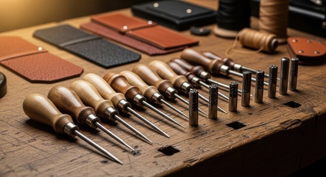 Intricate Handcrafted Leather Crafting Tools Arranged on a Rustic Wooden Workshop Bench