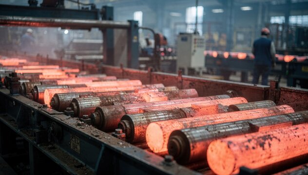 Medium shot of driven roller conveyors transporting heated materials smoothly between workstations in an industrial setting.