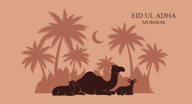 Eid Ul Adha Mubarak, Islamic Holiday Greeting, Camel Family Silhouette, Desert Landscape, Palm Trees