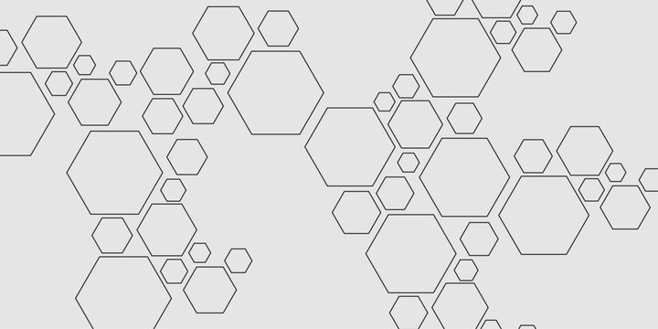White and grey technology hexagonal stoke background. Abstract gradient hexagon digital technology background. Molecular structure abstract tech background. Geometric white background. 
