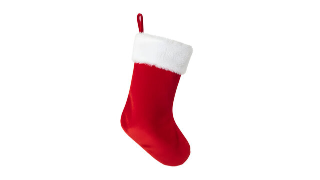 Red christmas stocking with white fluffy cuff for festive as isolated PNG