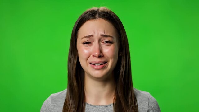 Unveiling Sadness: A portrait of a woman expresses raw emotion, tears stream down her face, conveying a depth of sorrow and vulnerability, against a vibrant green backdrop.