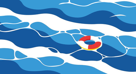 Top View Summer Vector Illustration of Lifebuoy Floating in Blue Water © MA studio