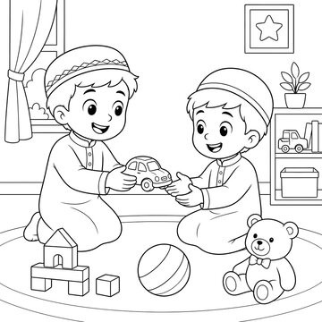 Two Little Muslim Boys Playing Together and Sharing Toys - Islamic Coloring Page for Kids