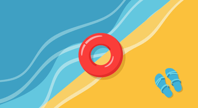 Top View Summer Beach Scene Vector Illustration with Red Lifebuoy and Blue Sandals