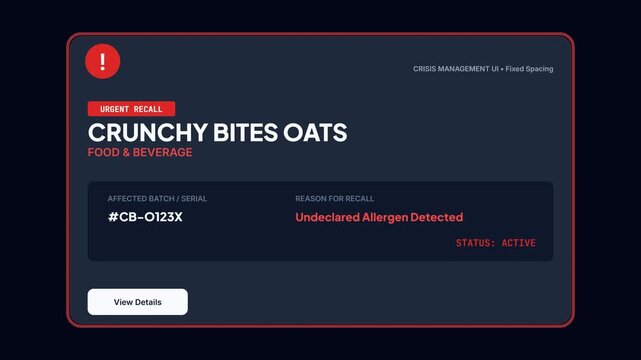 Food and beverage product recall dashboard for crunchy bites oats citing undeclared allergen detected alert