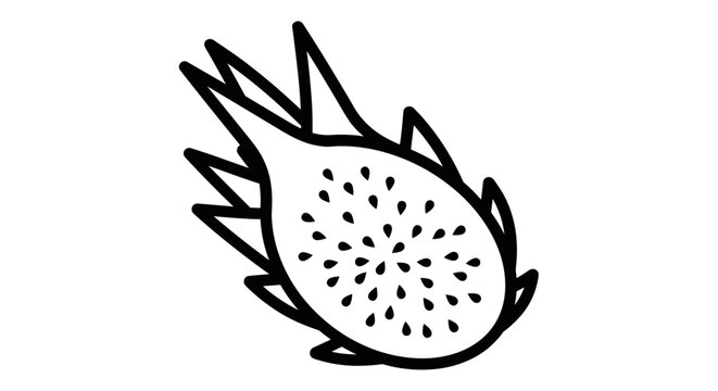 Minimalist and clear black outline drawing of a halved dragon fruit, showcasing its unique internal structure and scattered seeds.