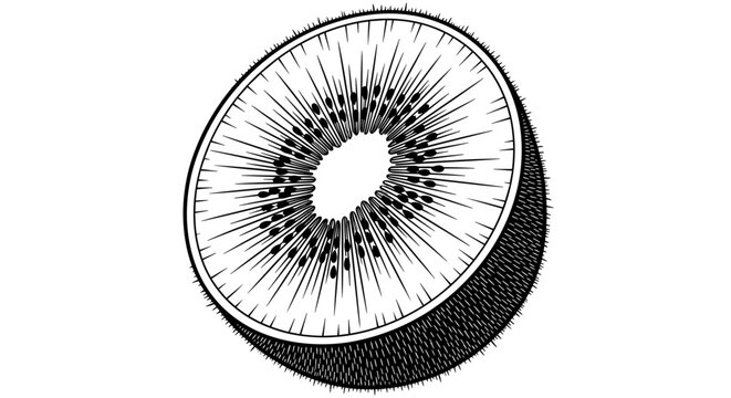 Detailed and textured black outline drawing of a kiwi fruit slice, showcasing its distinct central core, radiating seeds, and hairy rind.