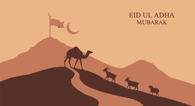 Eid al-Adha Mubarak, Islamic holiday, desert landscape, camel, goats, vector illustration