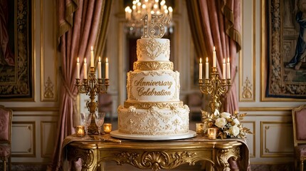 Obraz premium Elegant 15th anniversary celebration cake with gold ornate decorations in a luxurious palace ballroom setting