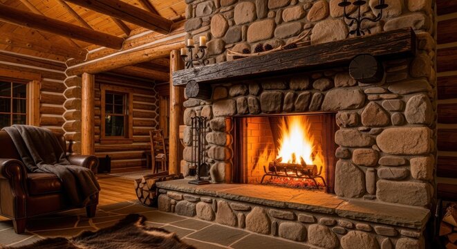 A warm and rustic log cabin fireplace with stacked fieldstone and glowing fire