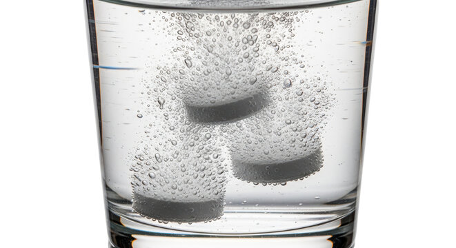 Effervescent soluble tablets dissolving in glass of water, fizzy aspirin pills with bubbles, medical healthcare supplement concept isolated PNG with Transparent Background