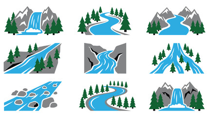 Set of river and waterfall landscape icons with mountains and pine trees. © NAZMA