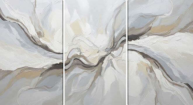 Triptych abstract art with swirling beige and gray marble patterns