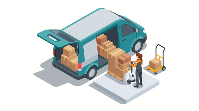 A delivery van is being loaded with boxes while a woman scans items, illustrating the logistics process and importance of organization in efficient supply chain management.