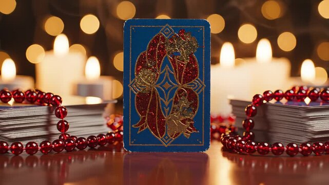 Tarot card with beads and candles ideal for sleek commercial backgrounds and title sequences