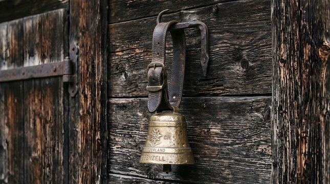 Swiss Cowbell Detail: Close-up of a "Rustic" brass cowbell with a leather strap, hanging on a "Weathered Wood" door.