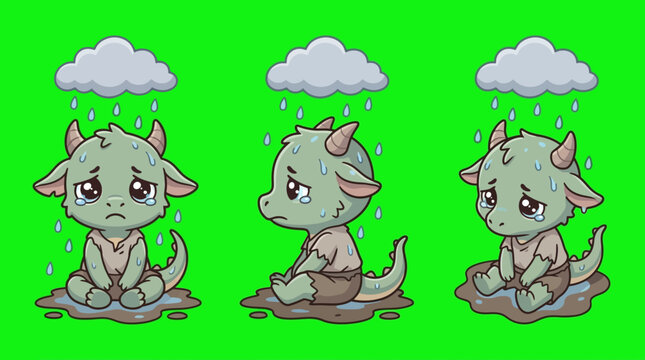 Three Sad Cartoon Dragons Crying Under Cloudy Rain on Green Background.