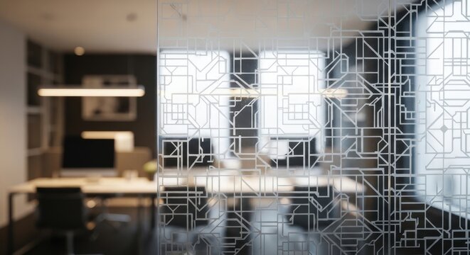 Modern frosted glass panel with intricate etched geometric patterns in a contemporary office setting, offering subtle privacy and elegant design.