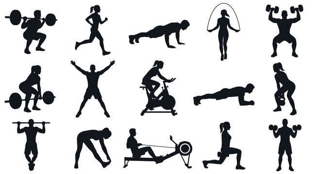 Fitness Silhouette Icons: Exercise, Workout, Health, Gym, Active Lifestyle