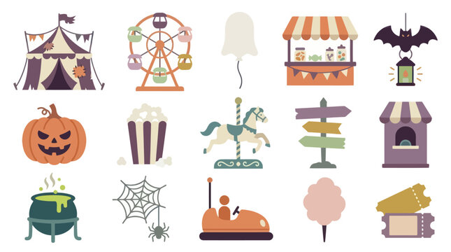 Flat Cartoon Icons Set: Amusement Park, Carnival  Halloween Entertainment Elements Collection