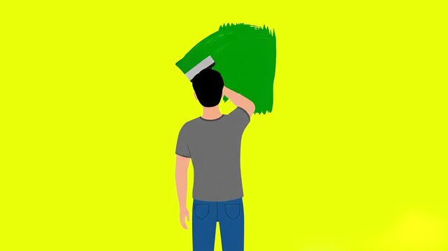 A creative 2D animation featuring the back view of a man standing in place and wiping or painting a vibrant yellow background with a green cloth, revealing a chroma key transition effect. Ideal for cl