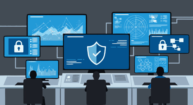 Cybersecurity team monitoring data protection in a modern operations center
