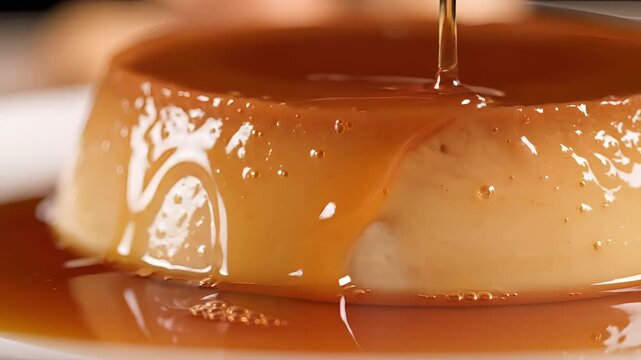 Delicious Caramel Custard Dessert Being Drizzled with Sauce Closeup.