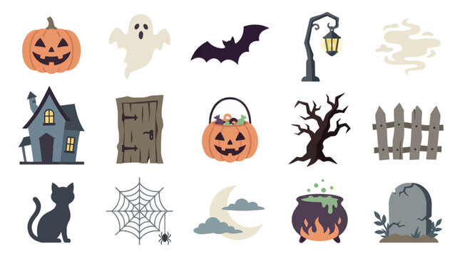Spooky Halloween Icons Set Flat Design - Pumpkin, Ghost, Bat, Witch's Brew