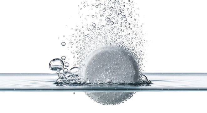 Effervescent tablet dissolving in water with bubbles, white round pill fizzing in liquid, medical aspirin or vitamin supplement release isolated PNG with Transparent Background