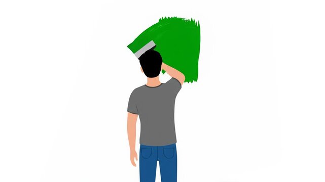 A flat design 2D vector animation featuring a man seen from the back painting a broad green brushstroke over a solid white wall. Perfect for renovation services, creative transitions, reveal animation