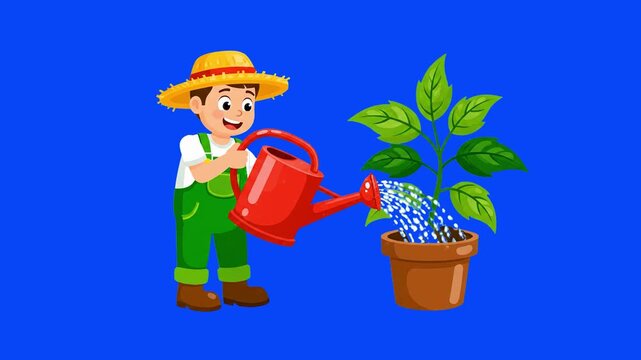 A cheerful 2D vector animation of a young boy gardener wearing a straw hat and green overalls, holding a red watering can to water a potted green plant against a dark blue background. Perfect for spri