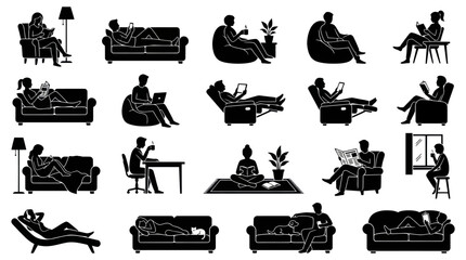 Obraz premium Black and White Silhouettes of People Reading and Relaxing