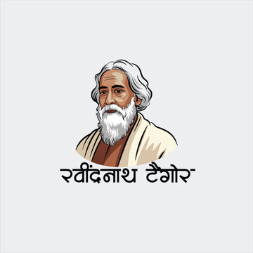 Rabindranath Tagore Portrait Illustration with Abstract India Map Background and Floating Devanagari Letters Creative Composition