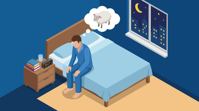 An illustration depicting a man sitting on his bed, lost in thought about sleep, perfectly capturing the feeling of insomnia or restless nights in a cozy bedroom environment.