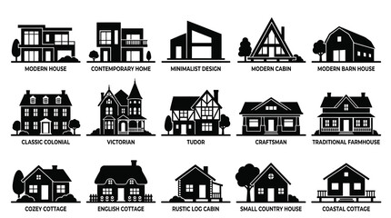 Fototapeta premium Black and White Icons of Various House Architectural Styles for Real Estate