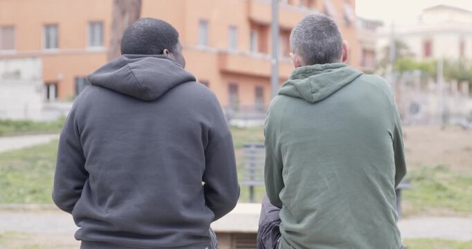 Two friends, one Caucasian and one African, walk and talk in a park. Shot from behind, the scene captures a natural conversation and a calm moment of everyday friendship.