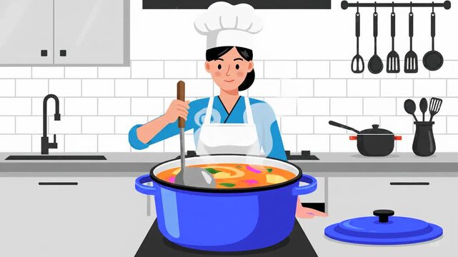 A 2D cartoon animation of a professional female chef character in a white uniform stirring delicious hot soup inside a big blue pot on the stove. Ideal for culinary school advertisements, restaurant m